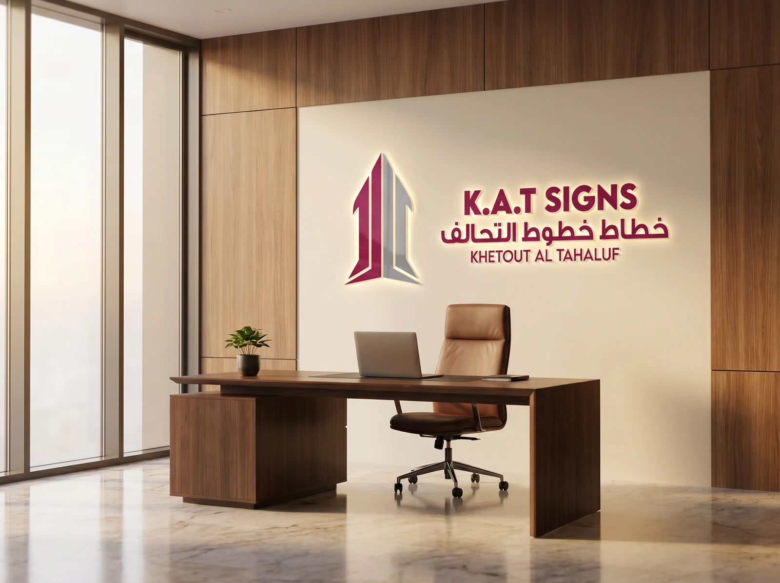 K.A.T SIGNS logo installed on a premium office wall