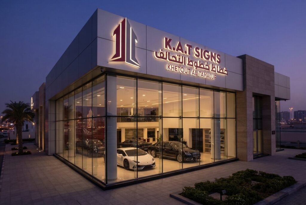 Car dealership showroom signage by K.A.T SIGNS