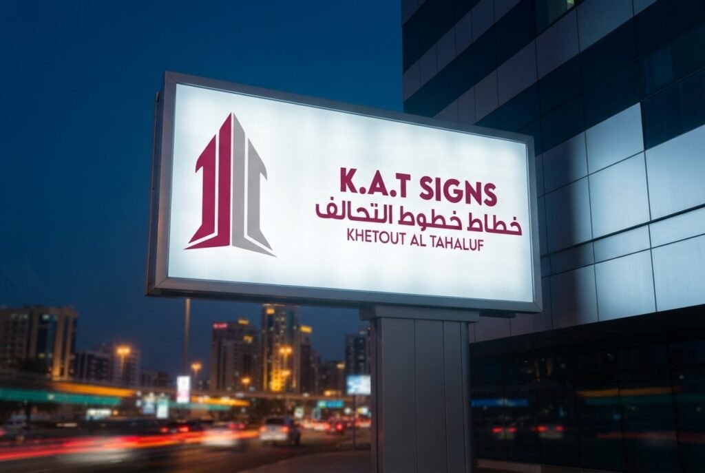 Illuminated billboard at dusk by K.A.T SIGNS