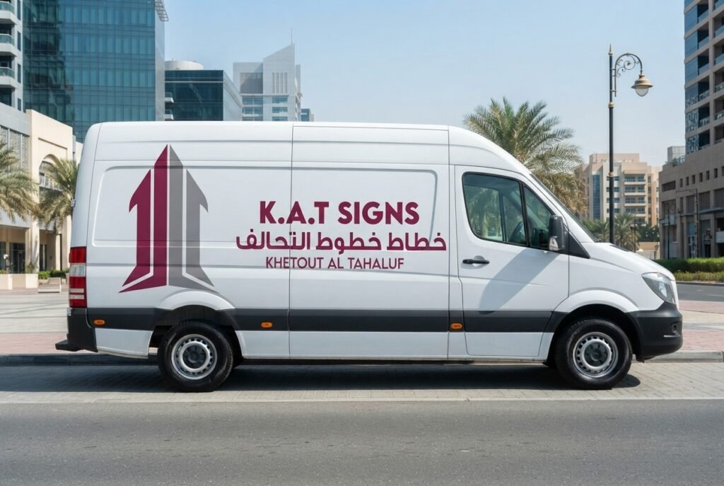 Wrapped delivery van with K.A.T SIGNS branding in Dubai