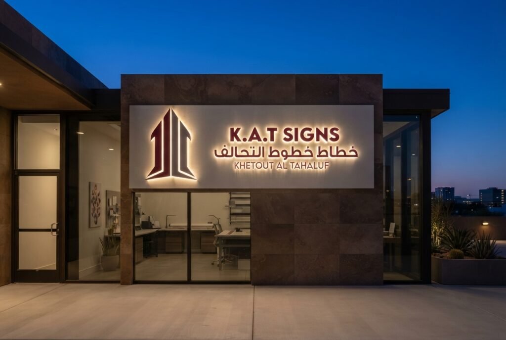 Illuminated shop sign by K.A.T SIGNS at dusk